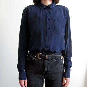 100% Silk button-up navy shirt